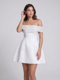 Ivory Satin A-Line Off-the-Shoulder Back Zip Short Dress with Bubble Hem - Curvevia