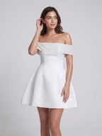 Ivory Satin A-Line Off-the-Shoulder Back Zip Short Dress with Bubble Hem - Curvevia