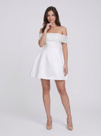 Ivory Satin A-Line Off-the-Shoulder Back Zip Short Dress with Bubble Hem - Curvevia