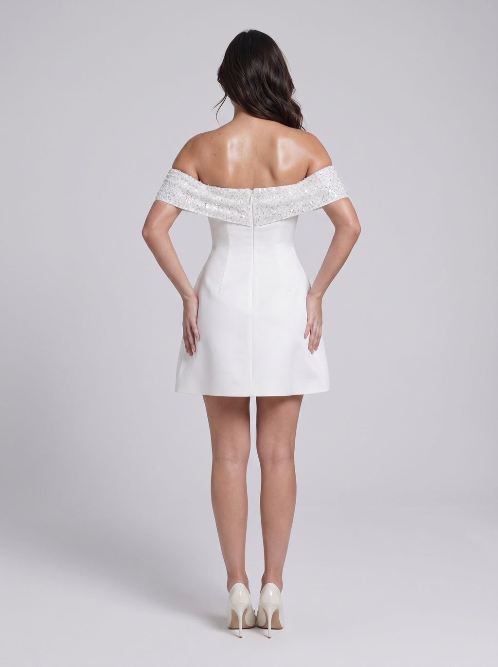 Ivory Satin A-Line Off-the-Shoulder Back Zip Short Dress with Bubble Hem - Curvevia
