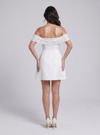 Ivory Satin A-Line Off-the-Shoulder Back Zip Short Dress with Bubble Hem - Curvevia
