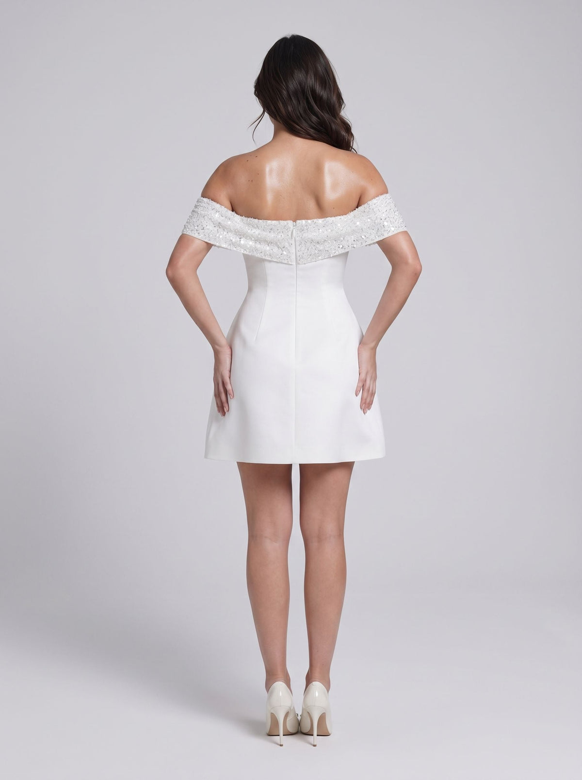 Ivory Satin A-Line Off-the-Shoulder Back Zip Short Dress with Bubble Hem - Curvevia
