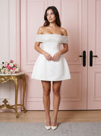 Ivory Satin A-Line Off-the-Shoulder Back Zip Short Dress with Bubble Hem - Curvevia