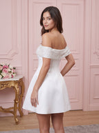 Ivory Satin A-Line Off-the-Shoulder Back Zip Short Dress with Bubble Hem - Curvevia