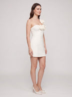 Ivory Matte Satin A-Line One Shoulder Side Zip Short Dress with Rosette - Curvevia