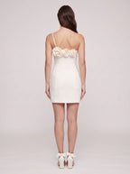 Ivory Matte Satin A-Line One Shoulder Side Zip Short Dress with Rosette - Curvevia