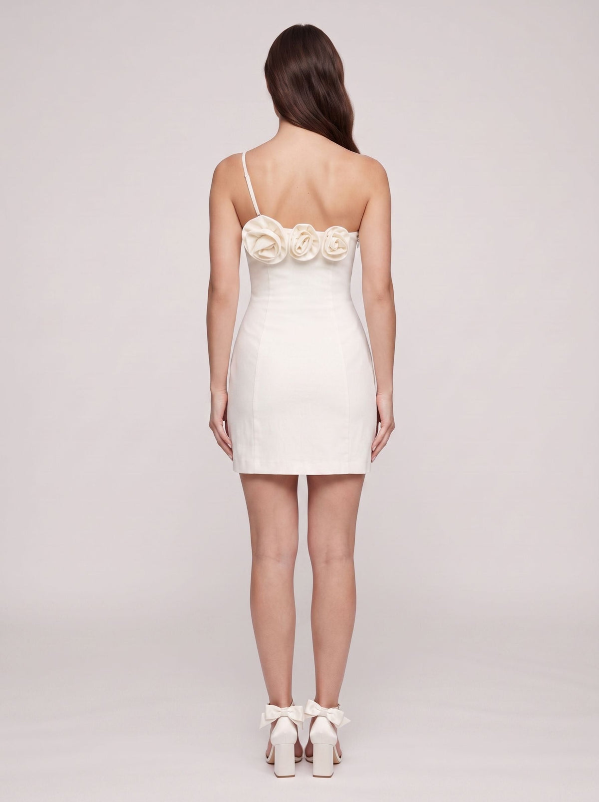Ivory Matte Satin A-Line One Shoulder Side Zip Short Dress with Rosette - Curvevia