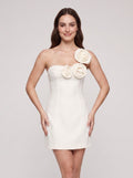 Ivory Matte Satin A-Line One Shoulder Side Zip Short Dress with Rosette - Curvevia