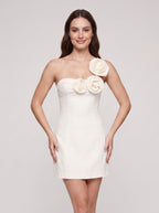 Ivory Matte Satin A-Line One Shoulder Side Zip Short Dress with Rosette - Curvevia