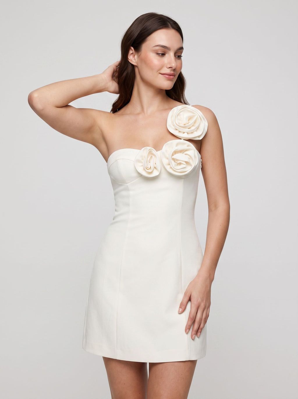 Ivory Matte Satin A-Line One Shoulder Side Zip Short Dress with Rosette - Curvevia