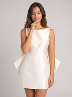 Ivory Satin A-Line Scoop Neck Bow Short Dress with Cutout - Curvevia
