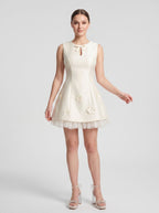 Ivory Satin Tulle A-Line Scoop Neck Back Zip Short Dress with Floral Appliques - Curvevia