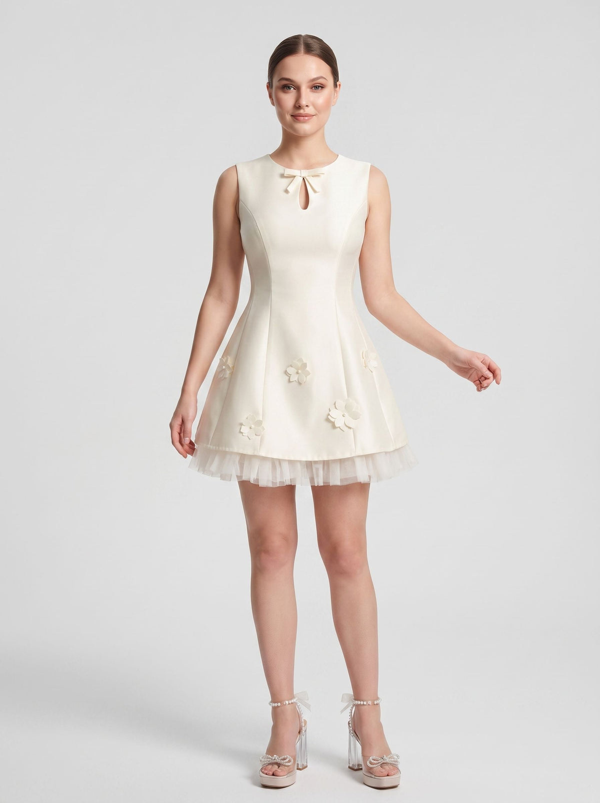 Ivory Satin Tulle A-Line Scoop Neck Back Zip Short Dress with Floral Appliques - Curvevia