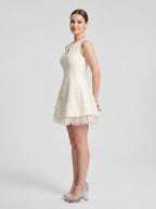 Ivory Satin Tulle A-Line Scoop Neck Back Zip Short Dress with Floral Appliques - Curvevia