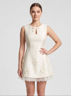 Ivory Satin Tulle A-Line Scoop Neck Back Zip Short Dress with Floral Appliques - Curvevia