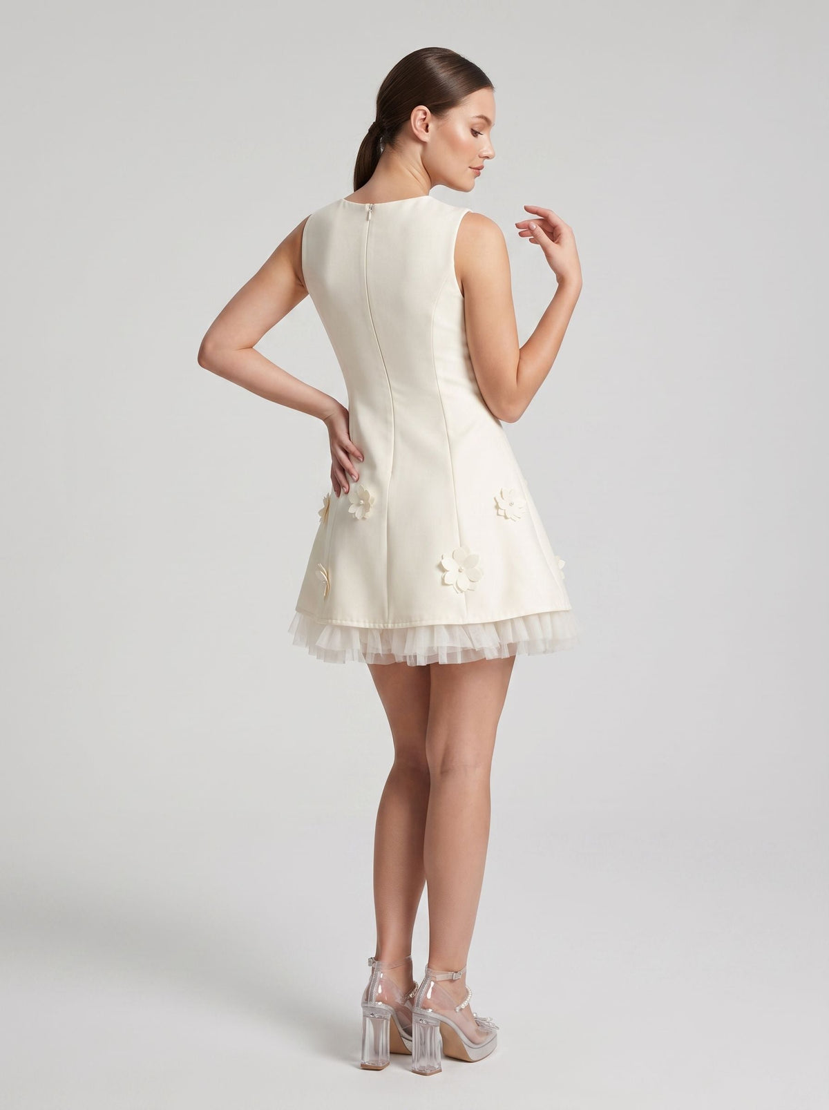 Ivory Satin Tulle A-Line Scoop Neck Back Zip Short Dress with Floral Appliques - Curvevia