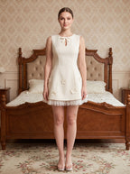 Ivory Satin Tulle A-Line Scoop Neck Back Zip Short Dress with Floral Appliques - Curvevia