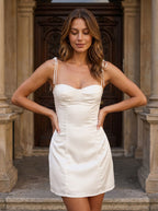 Ivory Satin A-Line Sweetheart Side Zip Short Dress with Spaghetti Straps - Curvevia