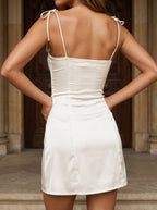 Ivory Satin A-Line Sweetheart Side Zip Short Dress with Spaghetti Straps - Curvevia