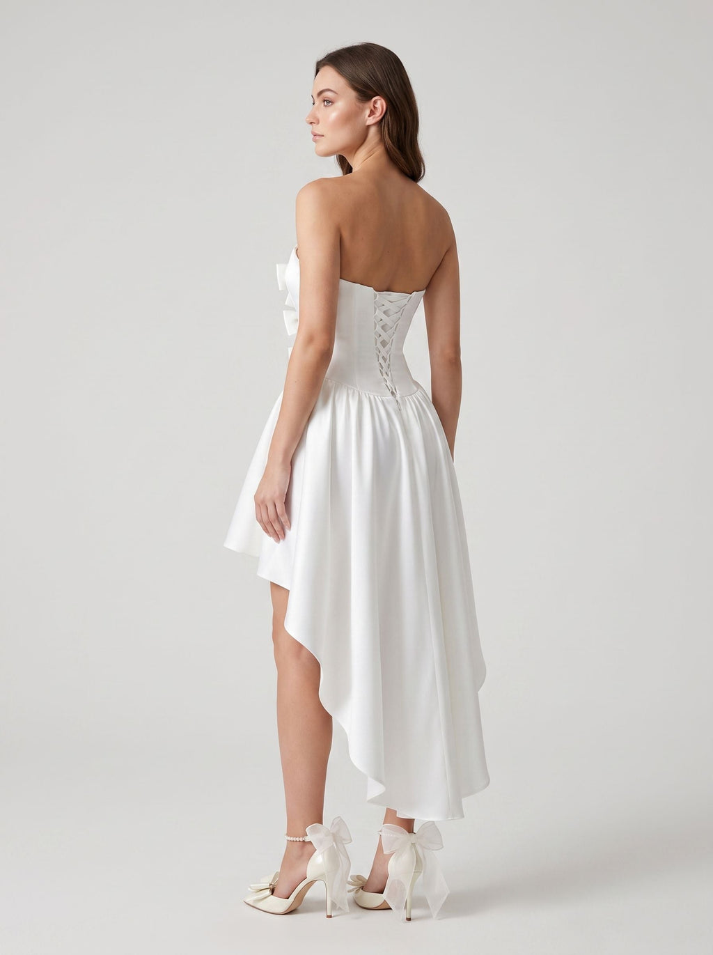 Ivory Satin A-Line Sweetheart Lace-up Asymmetrical Dress with a Bow - Curvevia