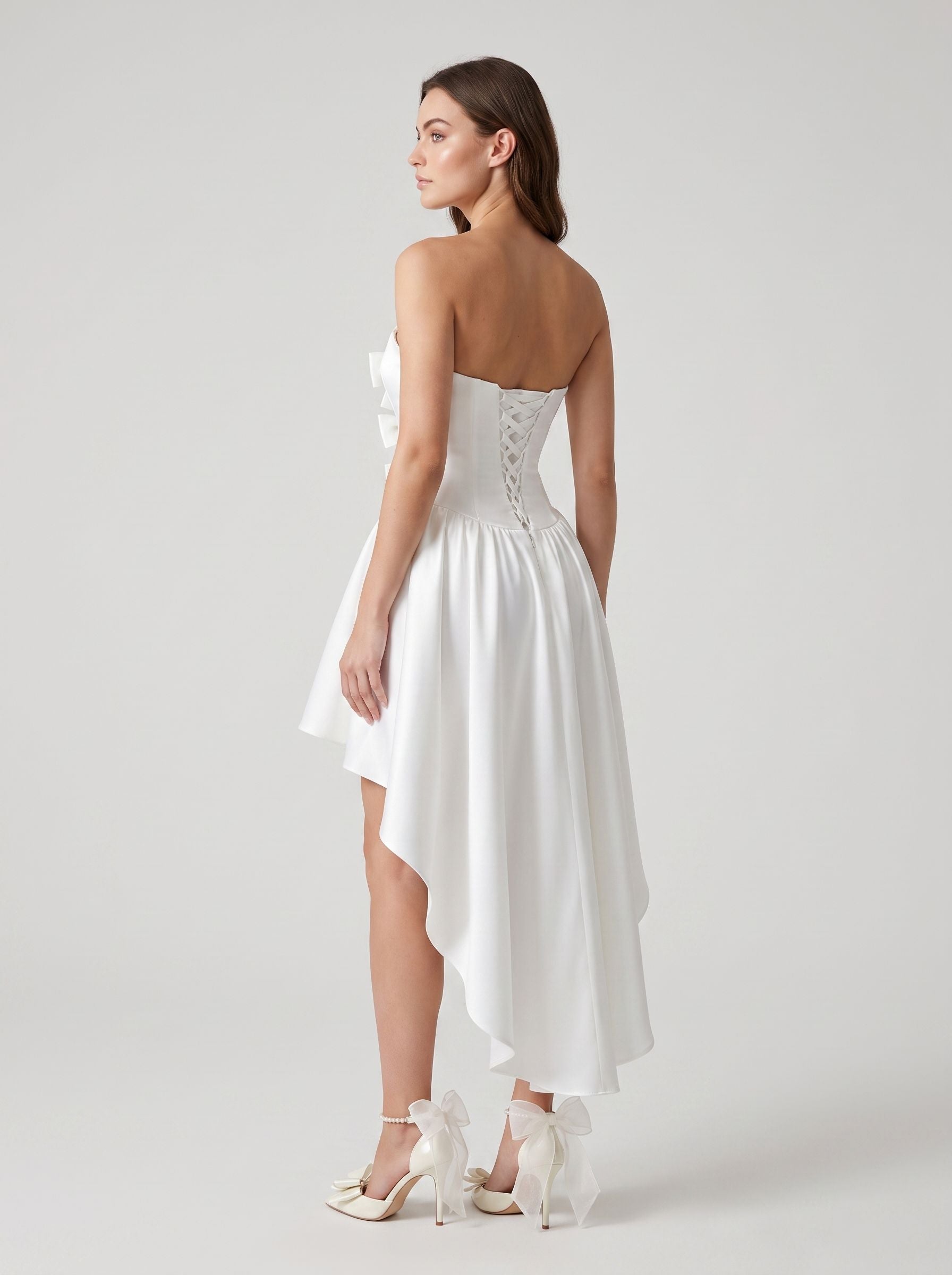 Ivory Satin A-Line Sweetheart Lace-up Asymmetrical Dress with a Bow - Curvevia