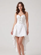 Ivory Satin A-Line Sweetheart Lace-up Asymmetrical Dress with a Bow - Curvevia