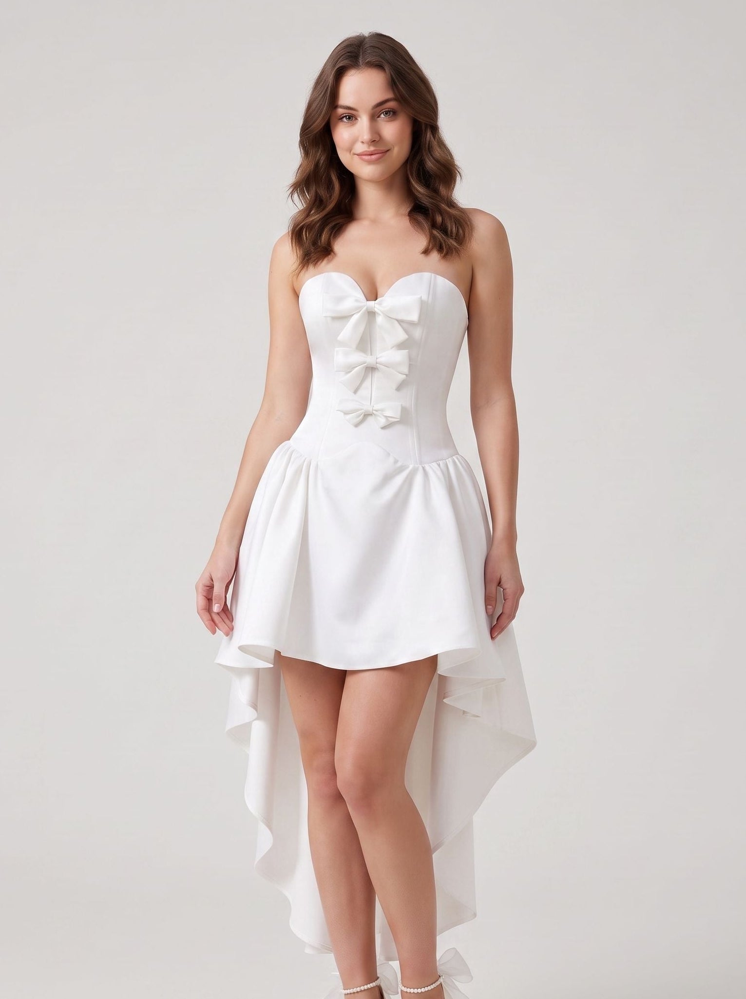 Ivory Satin A-Line Sweetheart Lace-up Asymmetrical Dress with a Bow - Curvevia