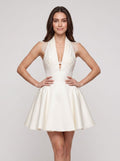 Ivory Satin A-Line Halter Neckline Back Zip Short Dress with Lace Bodice - Curvevia