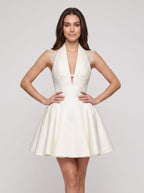 Ivory Satin A-Line Halter Neckline Back Zip Short Dress with Lace Bodice - Curvevia