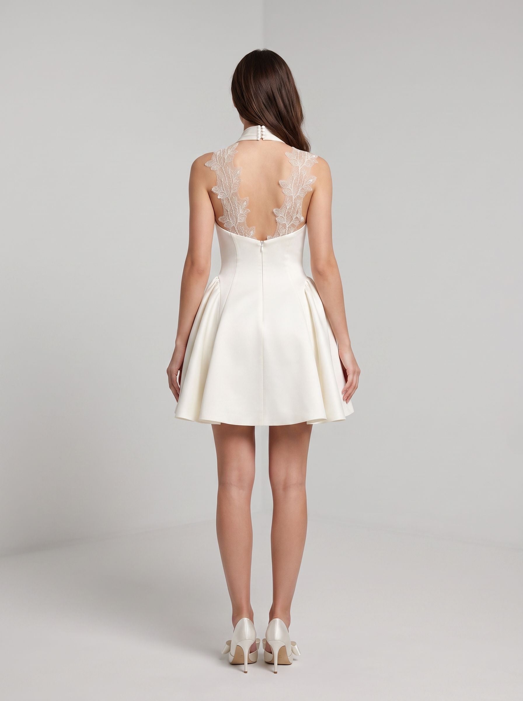 Ivory Satin A-Line Halter Neckline Back Zip Short Dress with Lace Bodice - Curvevia