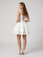 White Satin A-Line Sweetheart Lace-up Short Dress with Pleating - Curvevia