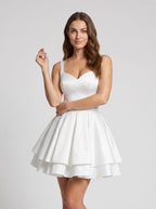 White Satin A-Line Sweetheart Lace-up Short Dress with Pleating - Curvevia