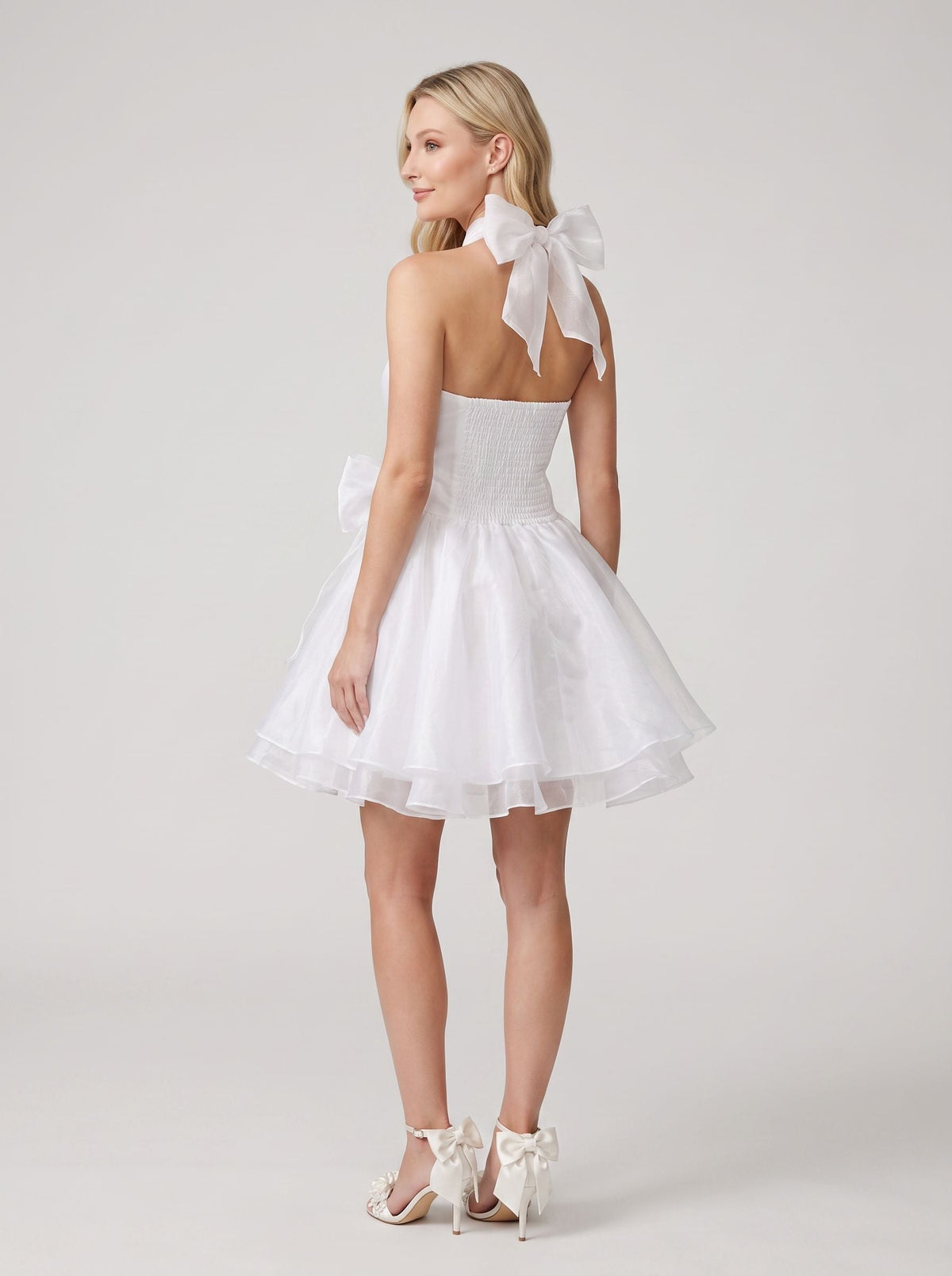 Ivory Satin A-Line Straight Neck Backless Short Dress with Structured Pleats - Curvevia