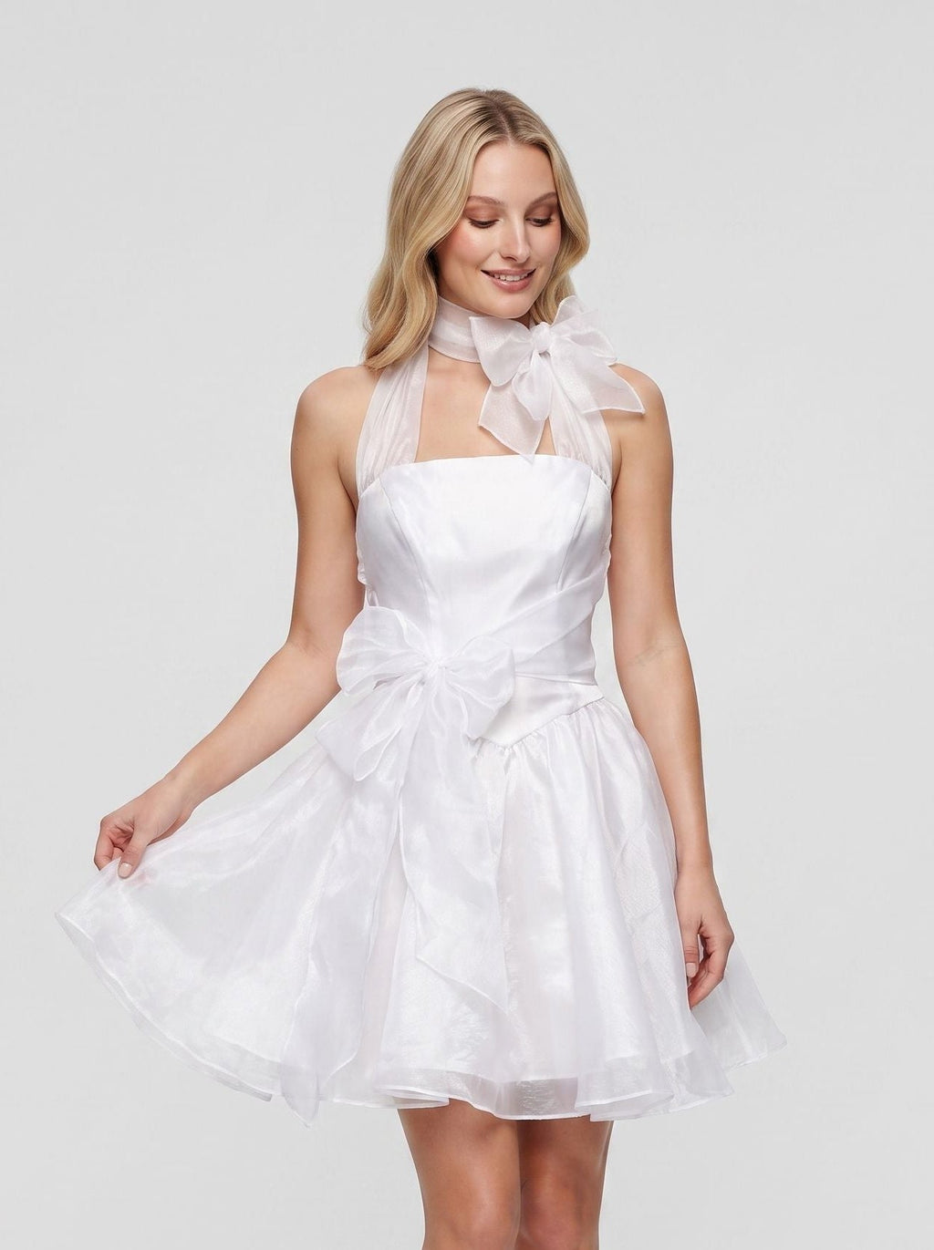 Ivory Satin A-Line Straight Neck Backless Short Dress with Structured Pleats - Curvevia
