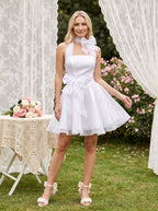 Ivory Satin A-Line Straight Neck Backless Short Dress with Structured Pleats - Curvevia