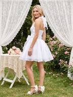 Ivory Satin A-Line Straight Neck Backless Short Dress with Structured Pleats - Curvevia