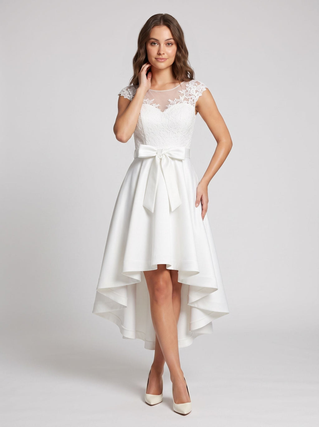 Ivory Satin and Lace A-Line Scoop Neck Back Zip Asymmetrical Dress with Lace Bodice - Curvevia