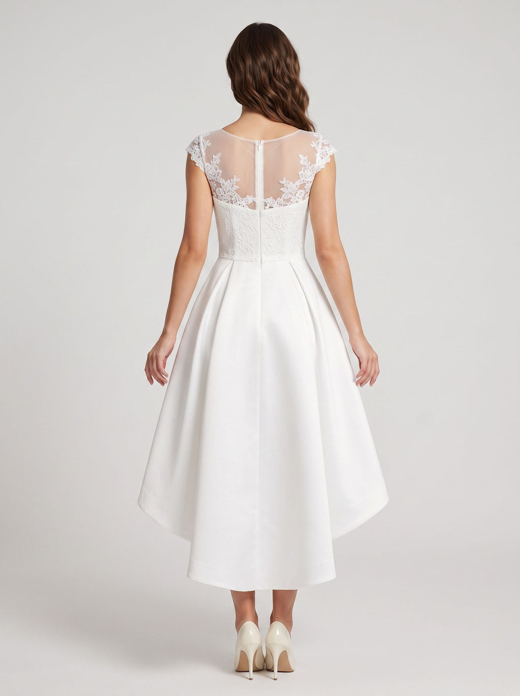 Ivory Satin and Lace A-Line Scoop Neck Back Zip Asymmetrical Dress with Lace Bodice - Curvevia