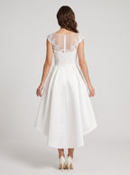 Ivory Satin and Lace A-Line Scoop Neck Back Zip Asymmetrical Dress with Lace Bodice - Curvevia