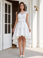 Ivory Satin and Lace A-Line Scoop Neck Back Zip Asymmetrical Dress with Lace Bodice - Curvevia