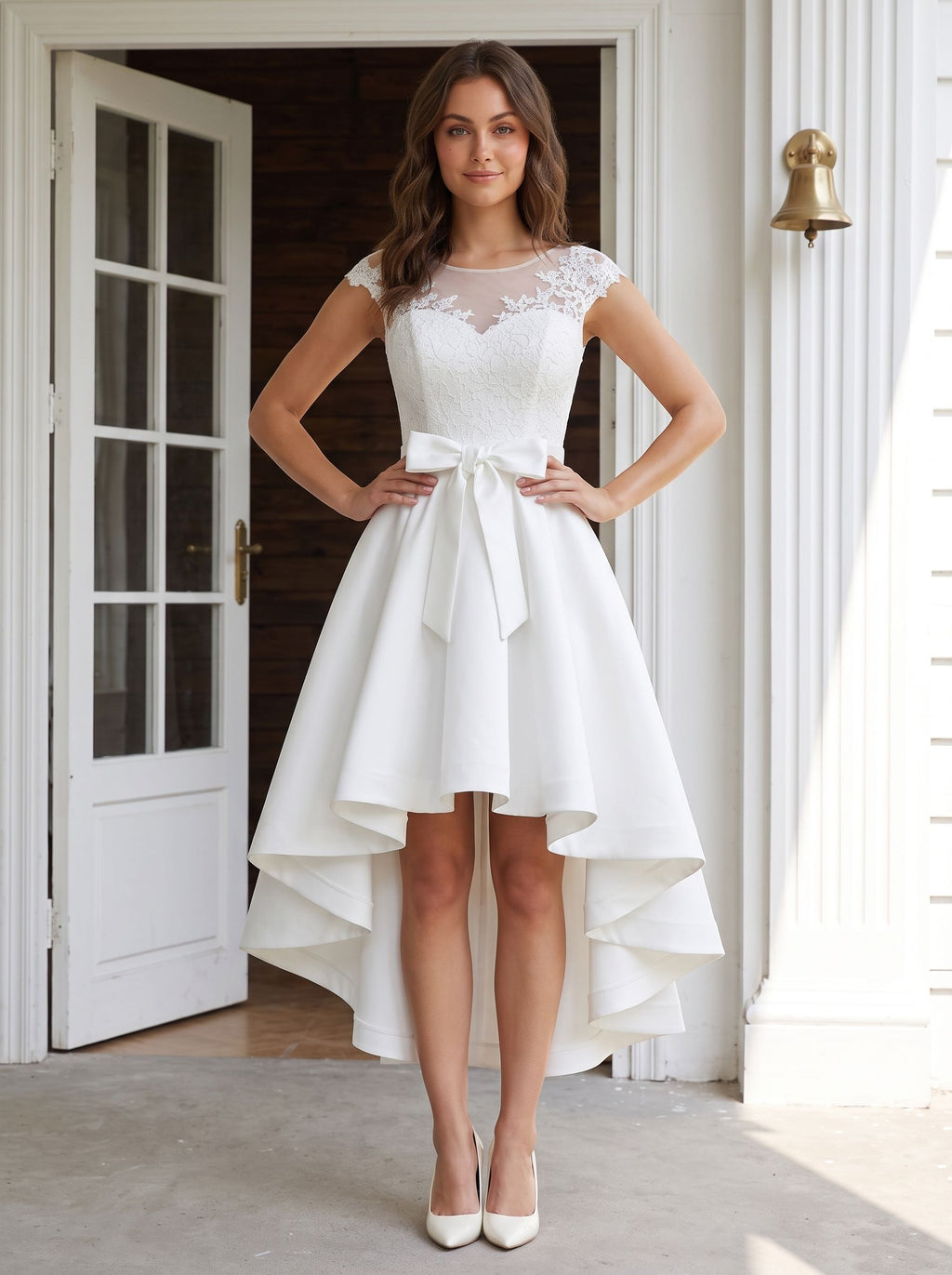 Ivory Satin and Lace A-Line Scoop Neck Back Zip Asymmetrical Dress with Lace Bodice - Curvevia