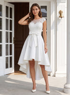 Ivory Satin and Lace A-Line Scoop Neck Back Zip Asymmetrical Dress with Lace Bodice - Curvevia