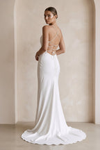 Ivory Satin Mermaid Lace-up Back Wedding Dress in White - Curvevia