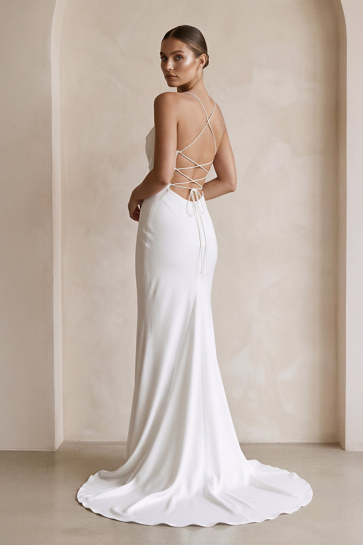 Ivory Satin Mermaid Lace-up Back Wedding Dress in White - Curvevia
