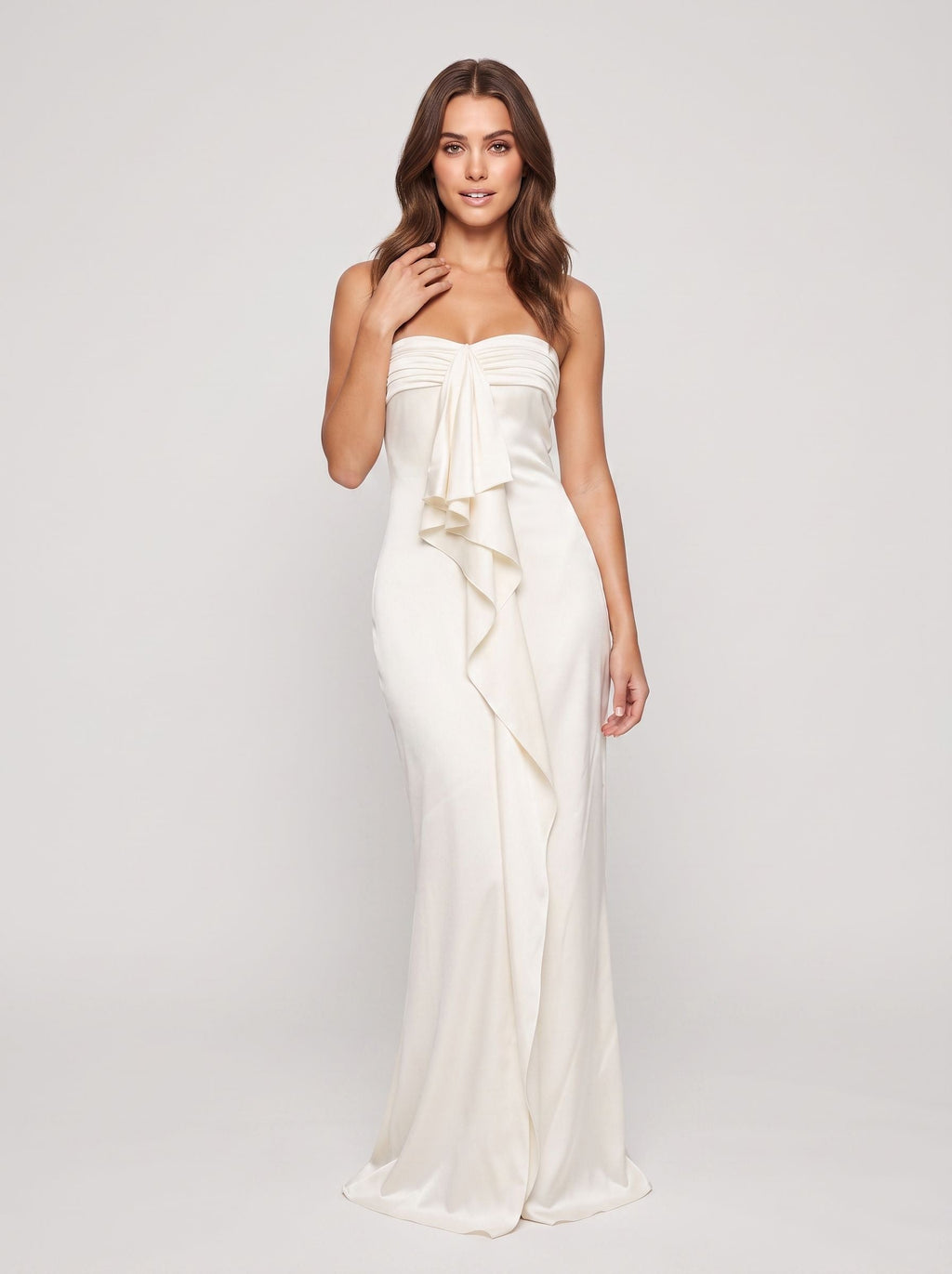 Ivory Satin column Straight Neck Back Zip Floor-Length Dress with Cascading Ruffles - Curvevia