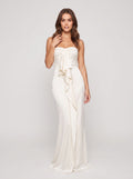 Ivory Satin column Straight Neck Back Zip Floor-Length Dress with Cascading Ruffles - Curvevia