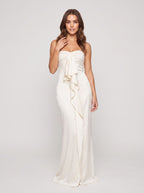 Ivory Satin column Straight Neck Back Zip Floor-Length Dress with Cascading Ruffles - Curvevia