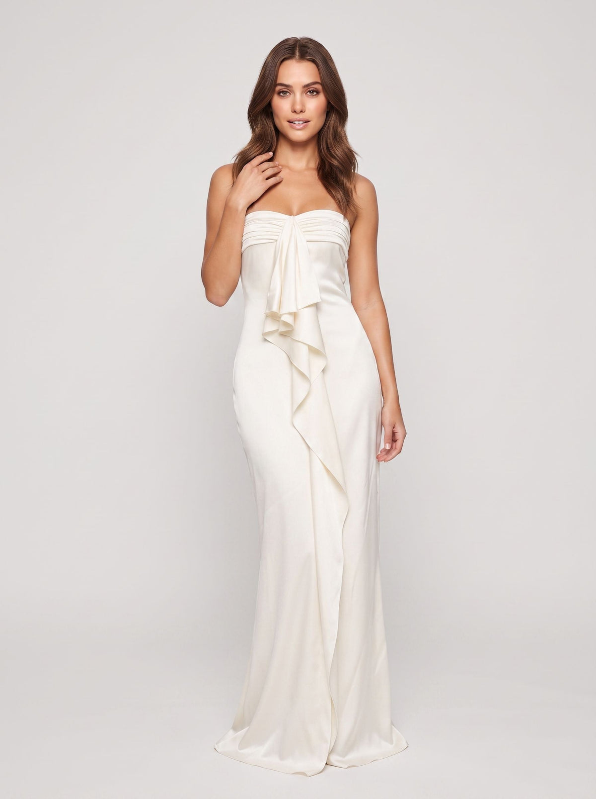 Ivory Satin column Straight Neck Back Zip Floor-Length Dress with Cascading Ruffles - Curvevia
