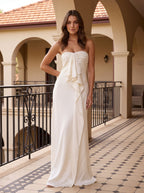 Ivory Satin column Straight Neck Back Zip Floor-Length Dress with Cascading Ruffles - Curvevia