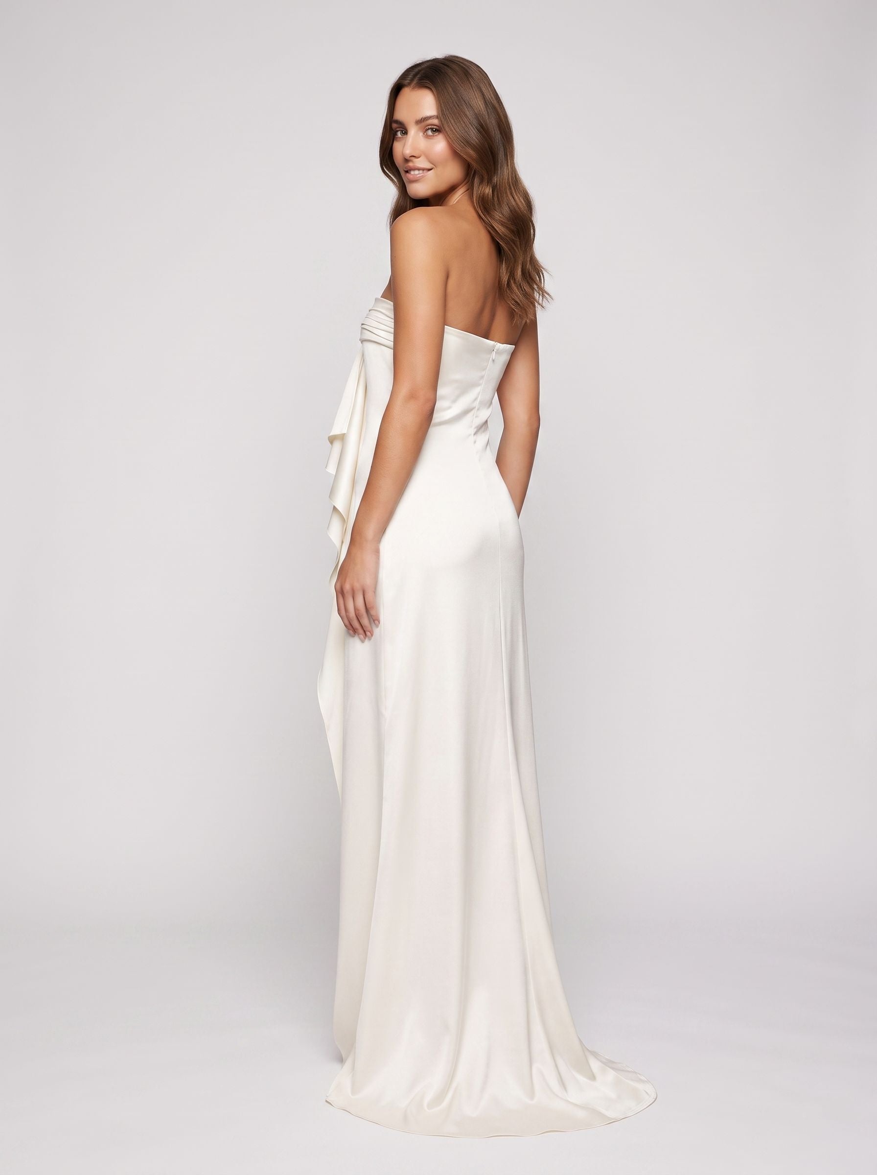 Ivory Satin column Straight Neck Back Zip Floor-Length Dress with Cascading Ruffles - Curvevia
